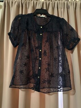 Anthropologie Sheer Black Star-Print Button Blouse
